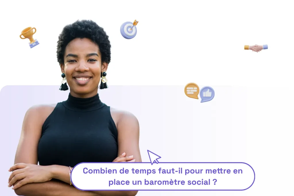une femme professionnelle avec une phrase sous elle : "combien de temps faut il pour mettre en place un baromètre social ?" pour illustrer le sujet de l'article