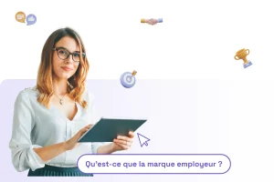 une femme professionnelle avec une phrase "qu'est-ce que la marque employeur ?" pur illustrer le sujet de l'article