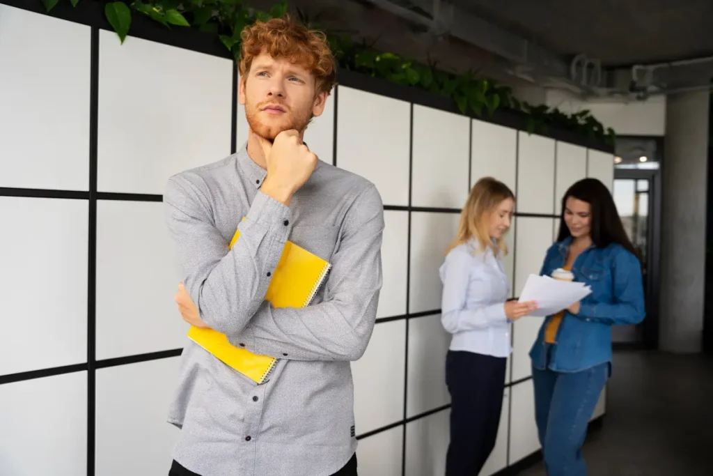 Un jeune homme fait face à la caméra, il est debout avec un carnet jaune dans les bras. Il se tient le menton en regardant dans le vide, signe de réflexion intense. Il se pose des questions quant à une potentielle reconversion professionnelle.
