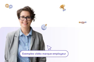 une femme professionnelle avec une phrase : "exemples vidéo marque employeur" pour illustrer le sujet de l'article