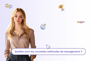 une femme professionnelle, blonde avec les cheveux longs. Elle a une phrase sous elle : "quelles sont les nouvelles méthodes de management ?" pour illustrer le sujet de l'article