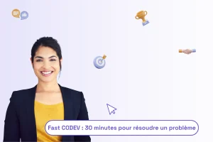 une femme professionnelle avec une phrase pour illustrer l'article : "le flash Codev 30 minutes pour résoudre un problème"