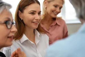 Plusieurs salariés discutent ensemble souriants dans une ambiance sympathique et détendue grâce à la QVT en entreprise