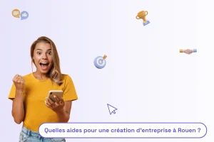 une jeune femme avec un t-shirt jaune et l'air enjoué, avec une phrase : "quelles aides pour la création d'entreprise à Rouen" pour illustrer le sujet de cet article