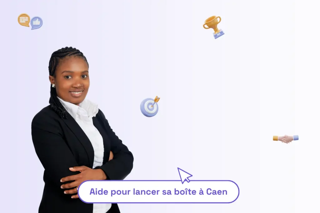 une femme professionnelle métisse avec une phrase sous elle : "aide pour lancer sa boite à Caen"