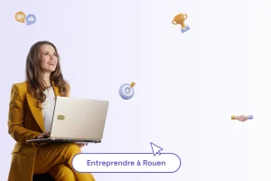 Une femme professionnelle avec une phrase pour illustrer le sujet de l'article : "entreprendre à Rouen"