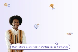 un homme entrepreneur noir de peau avec une belle coupe afro. Sous lui, une phrase : "subventions création entreprise Normandie" pour illustrer le sujet de l'article