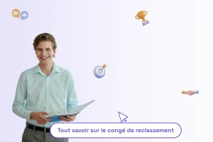 une homme professionnel heureux avec une phrase sous lui pour illustrer l'article : "tout savoir sur le congé de reclassement"