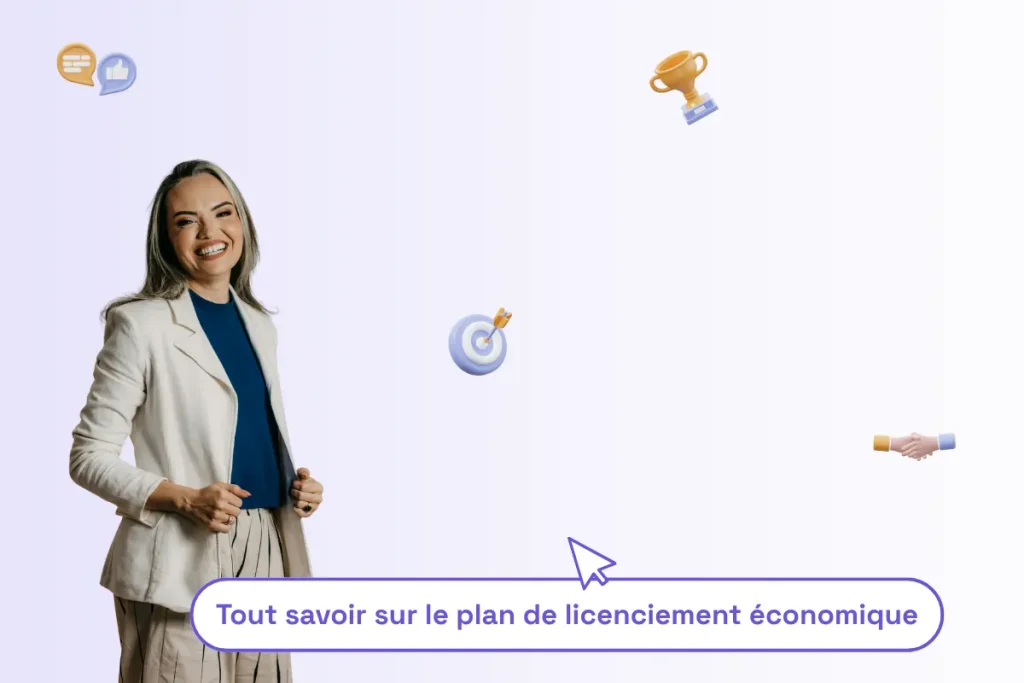 une femme professionnelle avec une phrase sous elle pour illustrer le sujet de l'article : "tout savoir sur le plan de licenciement économique"