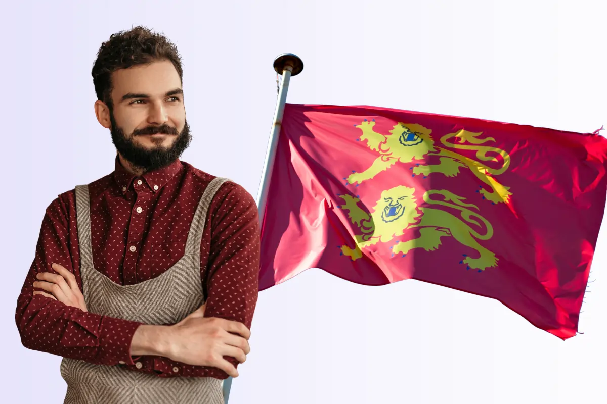 une homme entrepreneur avec un drapeau normand pour illustrer les idées de business dans l'Eure