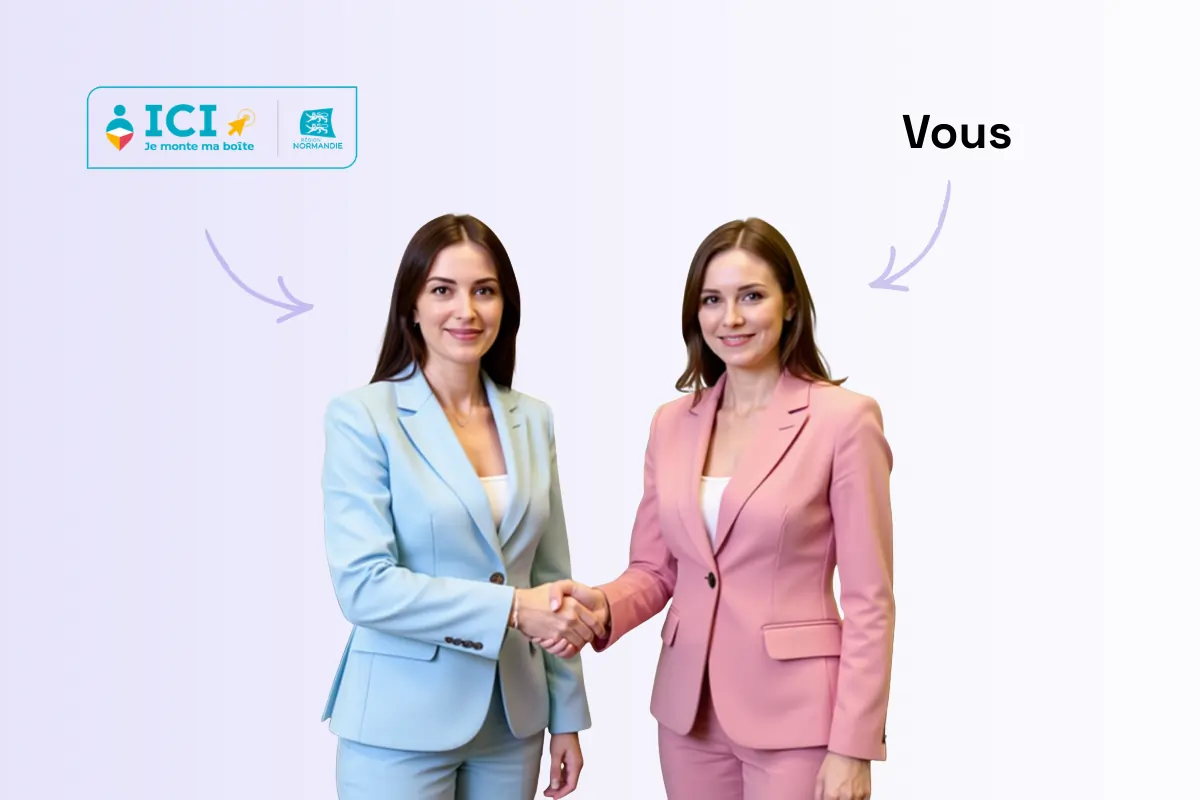 Deux personnes. Une représentant le dispositif Ici je monte ma boite et l'autre, les entrepreneurs. Les deux personnes se serrent la main pour montrer qu'elles collaborent