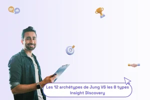 un homme pro avec une tablette dans les mains et un texte sous lui : "les 12 archétypes de Jung VS les 8 types insight Discovery"