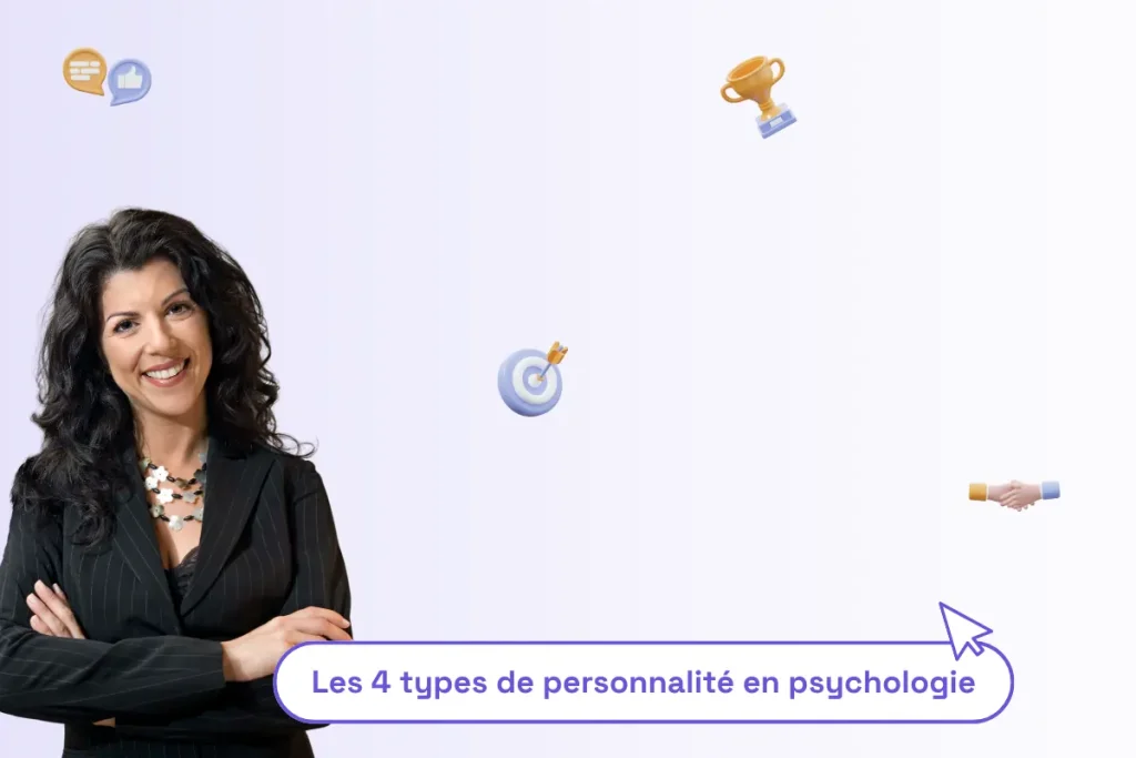 une femme professionnelle avec une phrase sous elle illustrant le sujet de l'article : "Les 4 types de personnalité en psychologie"