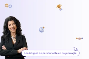 une femme professionnelle avec une phrase sous elle illustrant le sujet de l'article : "Les 4 types de personnalité en psychologie"