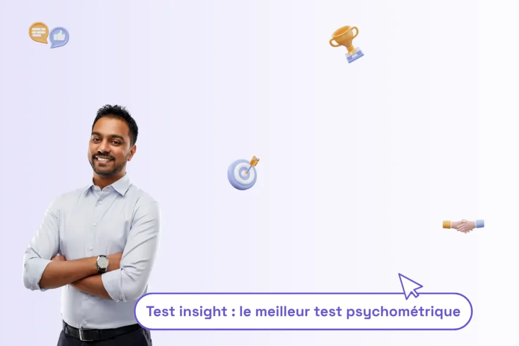 Un homme professionnel avec une phrase sous lui : "test insight : le meilleur test psychométrique"