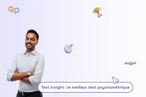 Un homme professionnel avec une phrase sous lui : "test insight : le meilleur test psychométrique"