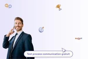 un homme professionnel avec une phrase illustrant le sujet de l'article : "test process communication"