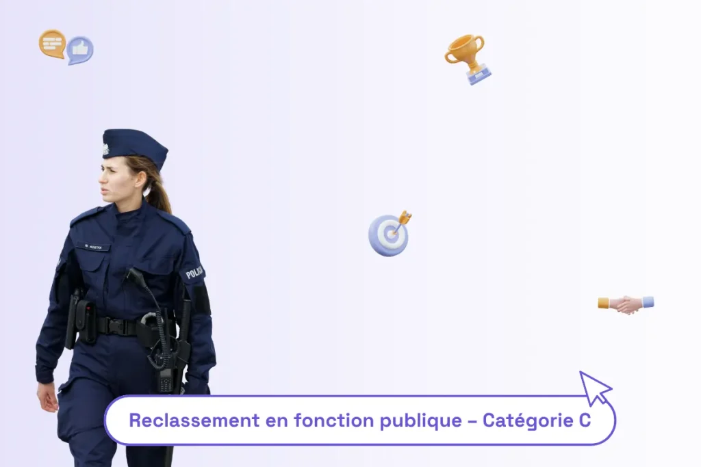 une policière municipale avec une phrase sous elle pour illustrer le sujet de l'article : "reclassement en fonction publique - catégorie C"