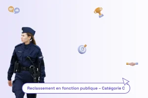 une policière municipale avec une phrase sous elle pour illustrer le sujet de l'article : "reclassement en fonction publique - catégorie C"