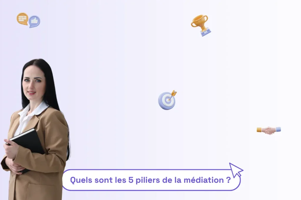 une femme professionnelle avec une phrase illustrant le sujet de l'article : "quels sont les 5 piliers de la médiation"