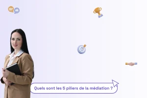 une femme professionnelle avec une phrase illustrant le sujet de l'article : "quels sont les 5 piliers de la médiation"